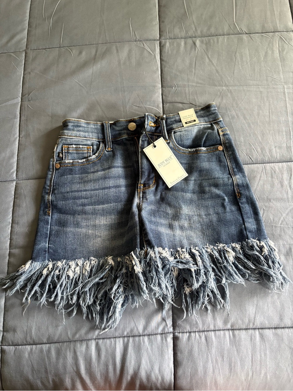 High-Rise Blue Denim Shorts with Frayed Hem - Judy Blue